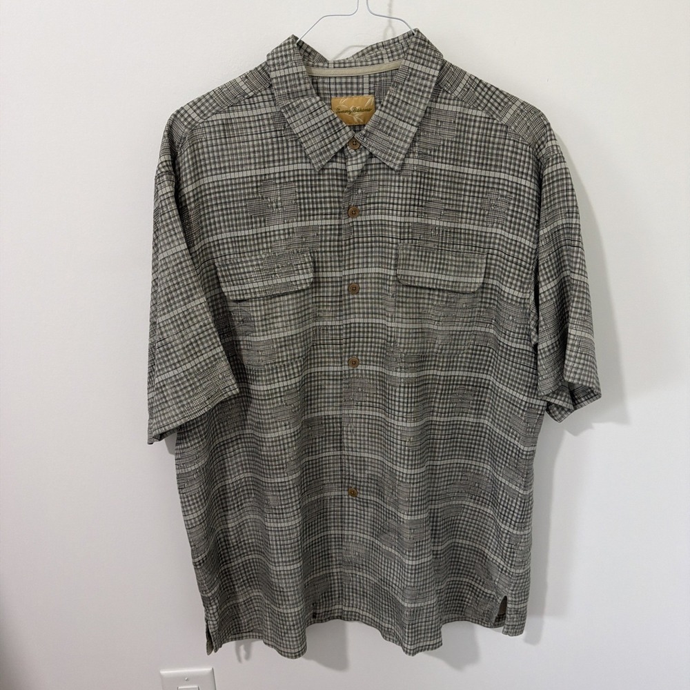 Tommy Bahama Hawaiian Shirt Men XL Black 100% Silk Short Sleeve Excellent Grid